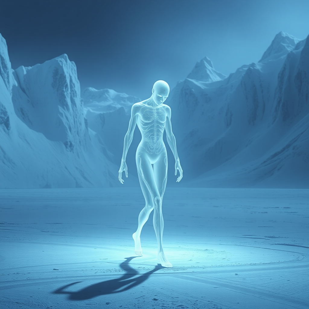 Ghostly Figure Walking in Icy Glacier Landscape