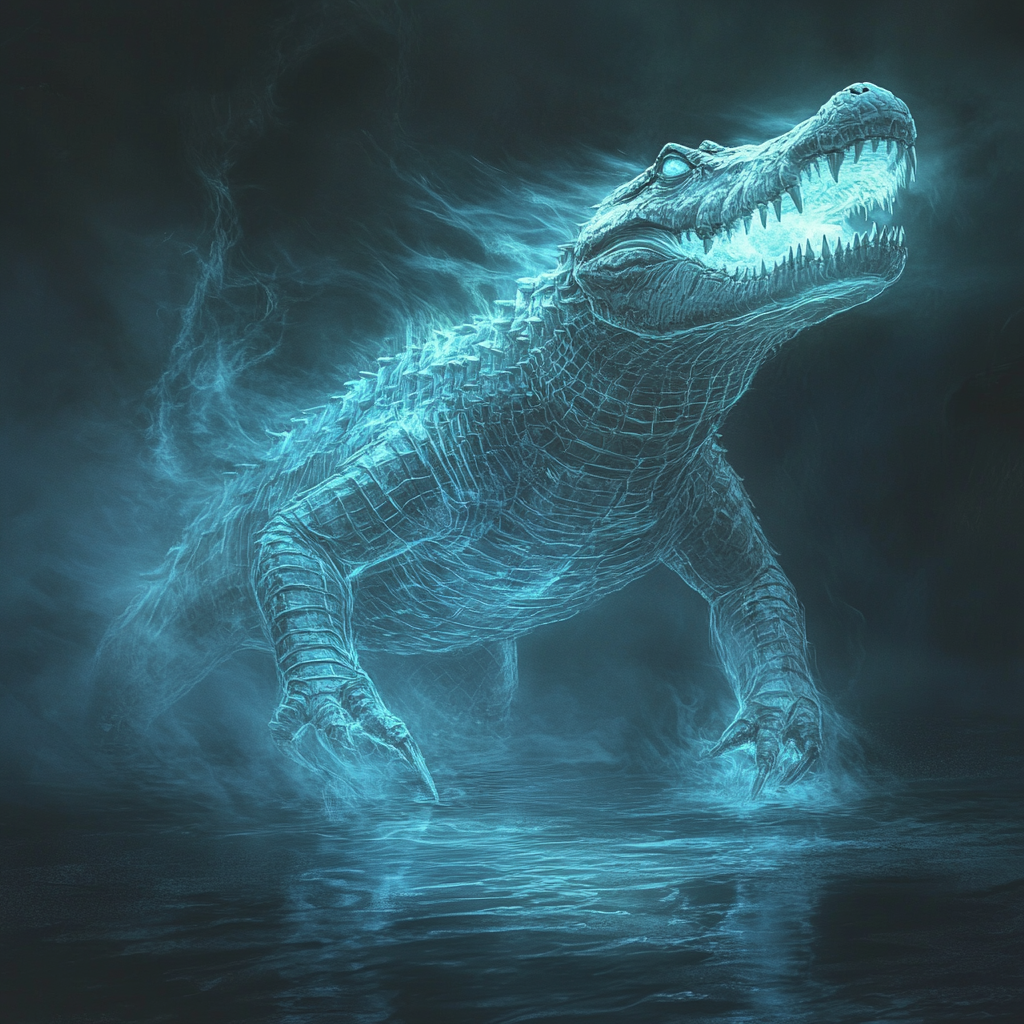 Ghostly crocodile with glowing eyes, translucent scales, ethereal movements.