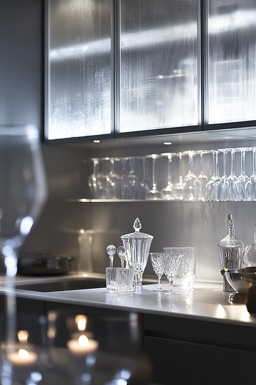 Ghostly elegant kitchen with pale tones and lighting. Spectral.