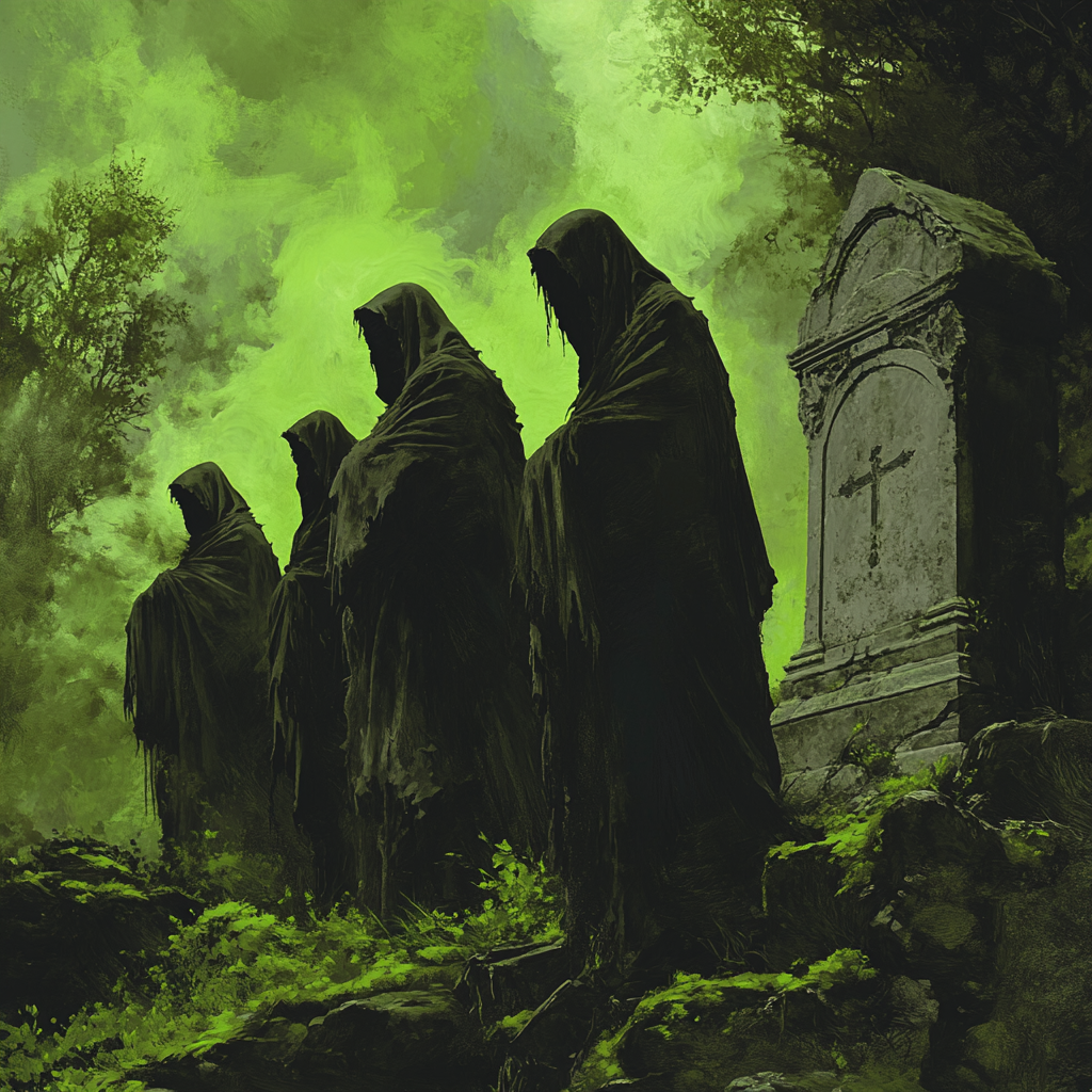 Ghostly figures behind grave in dungeon-synth style image.