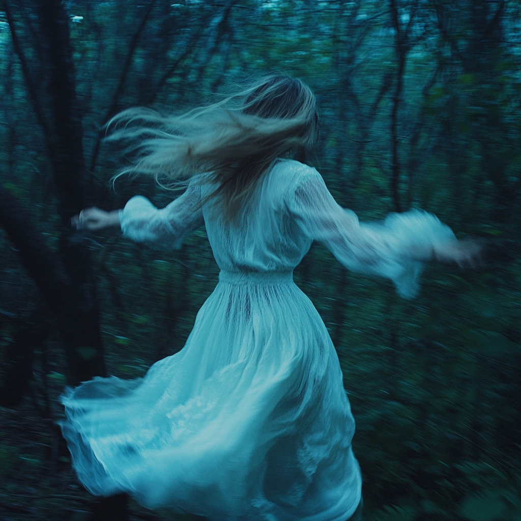 Ghostly girl in white boho fashion in dark forest.