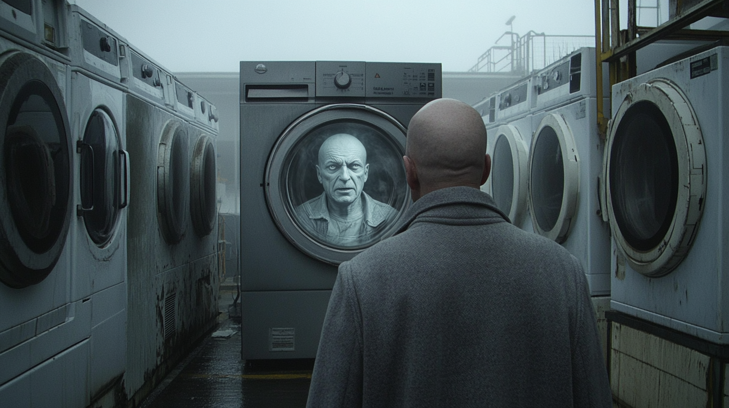 Ghostly man speaks to bald man at washing machine.