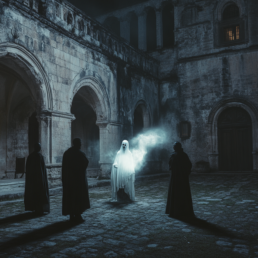 Ghostly monk appears, people terrified, old monastery courtyard, spooky.