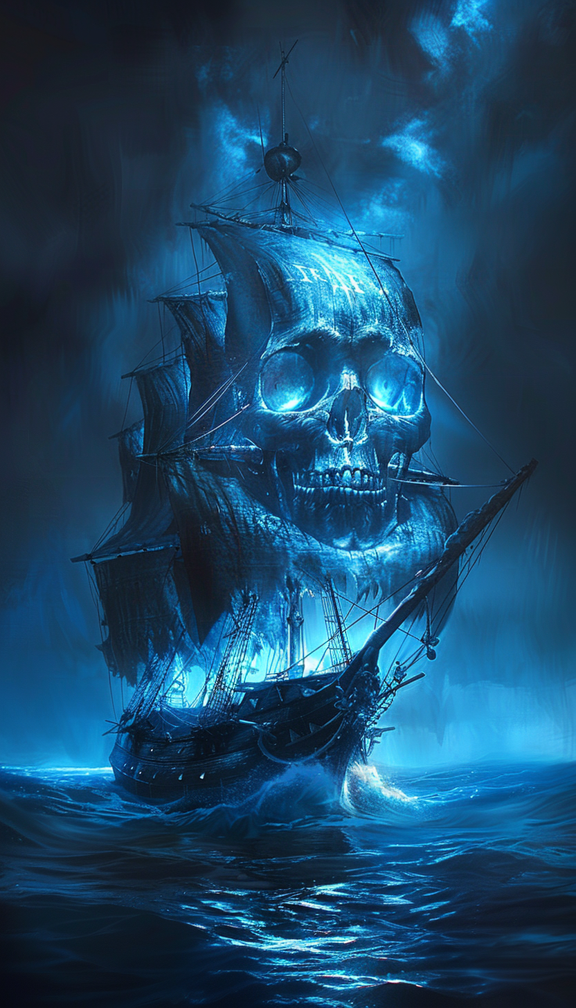 Ghostly skull-shaped ship sailing on dark ocean, eerie mystery.