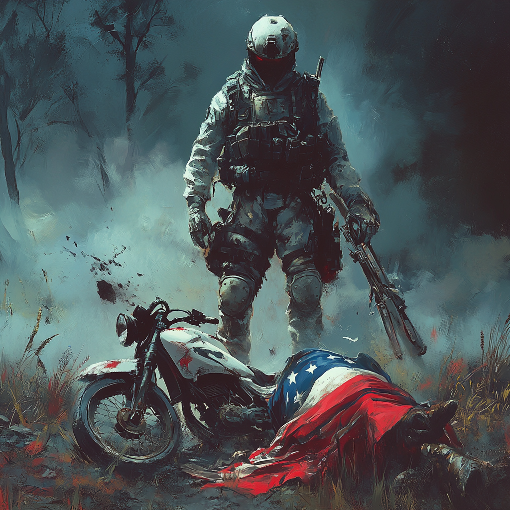 Ghostly soldier triumphs over defeated American Revolution patriot.