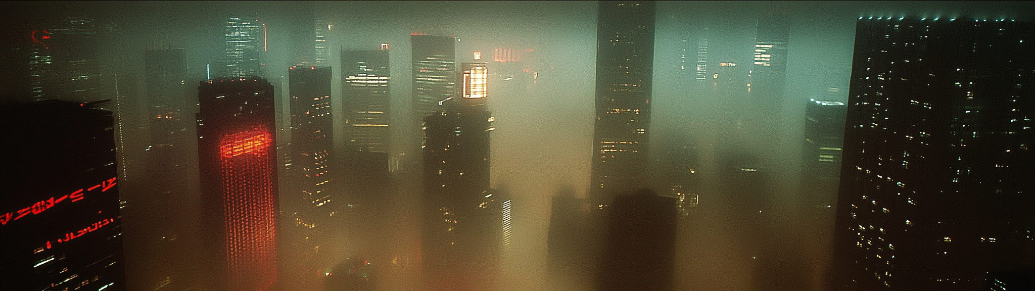 Ghosts of skyscrapers illuminated in foggy background lighting.