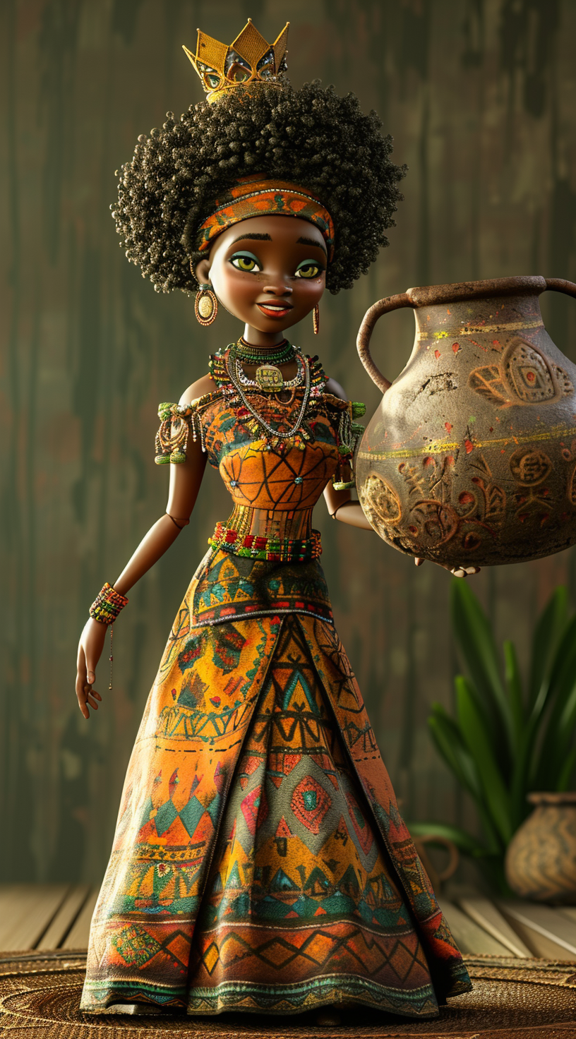 Giant African princess in fine attire with crown and pot.