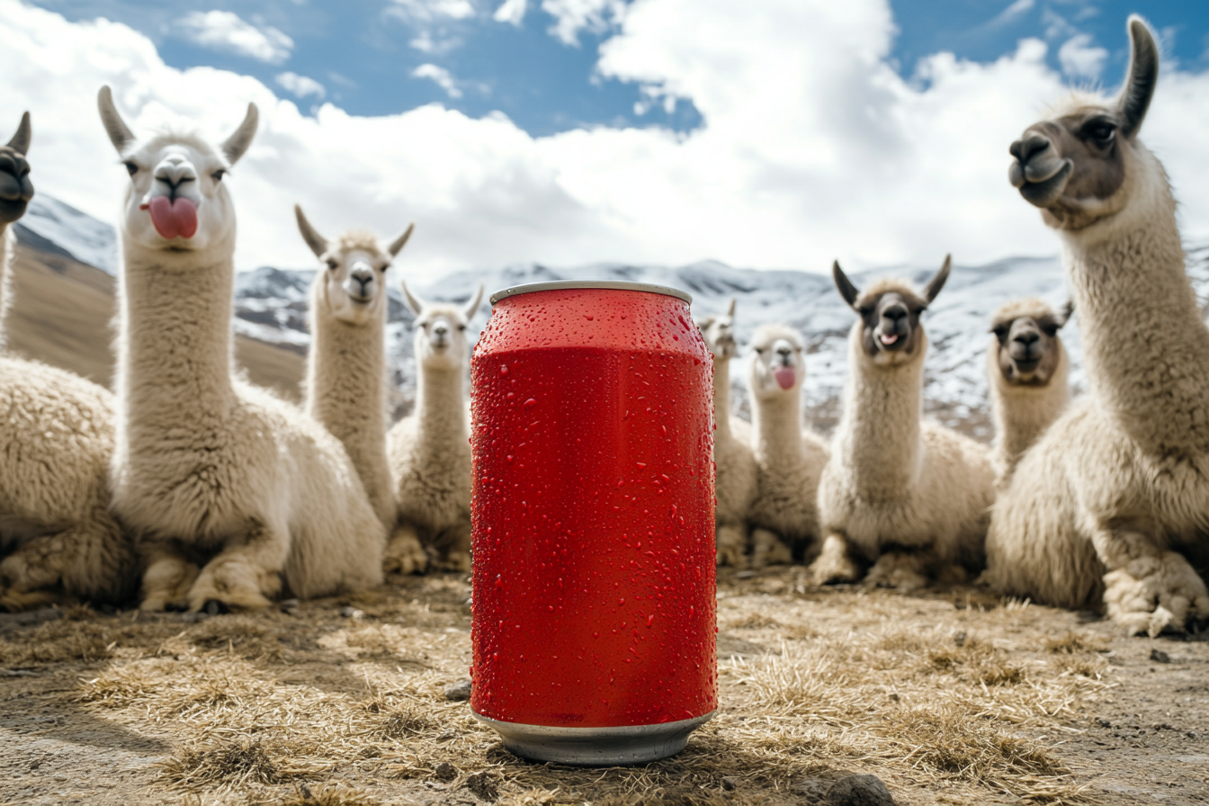 Giant Beer Can with Funny Llamas Around.