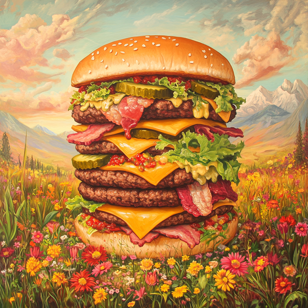 Giant Big Mac in flowery glade with mountains.