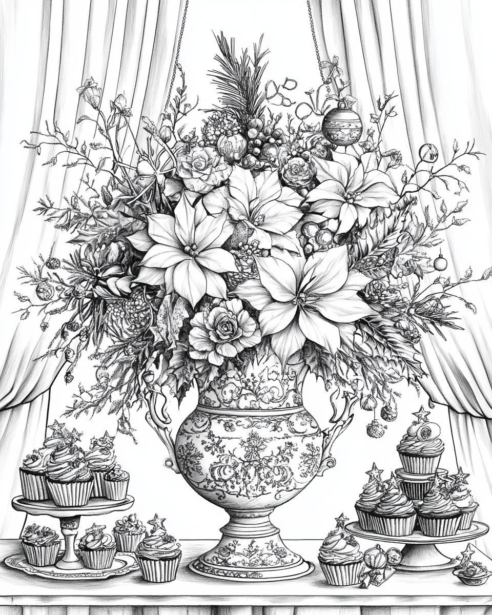 Giant Christmas Flower Coloring Page with Desserts