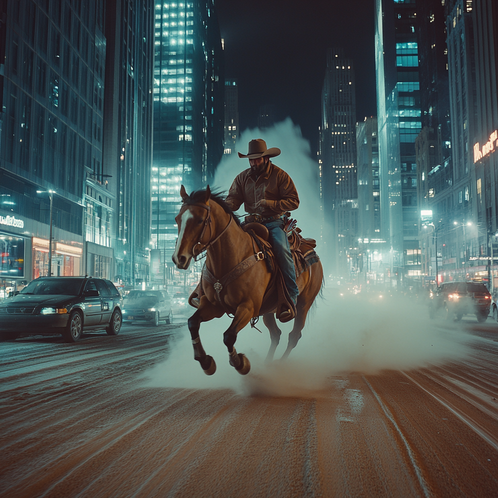 Giant Cowboy Horse Ride in Urban Night Street