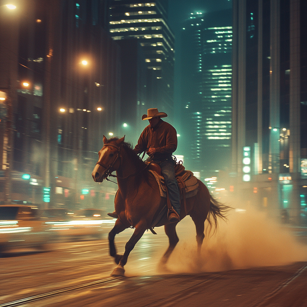 Giant Cowboy on Horse in Urban City Street Fantasy