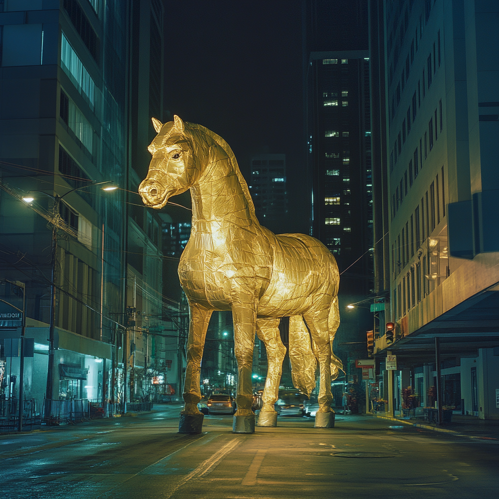 Giant Golden Horse in Unreal City Street at Night