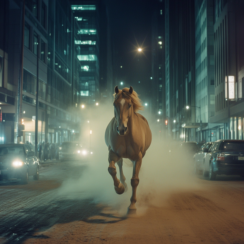 Giant Horse Galloping Ethereal City Street Night Photo