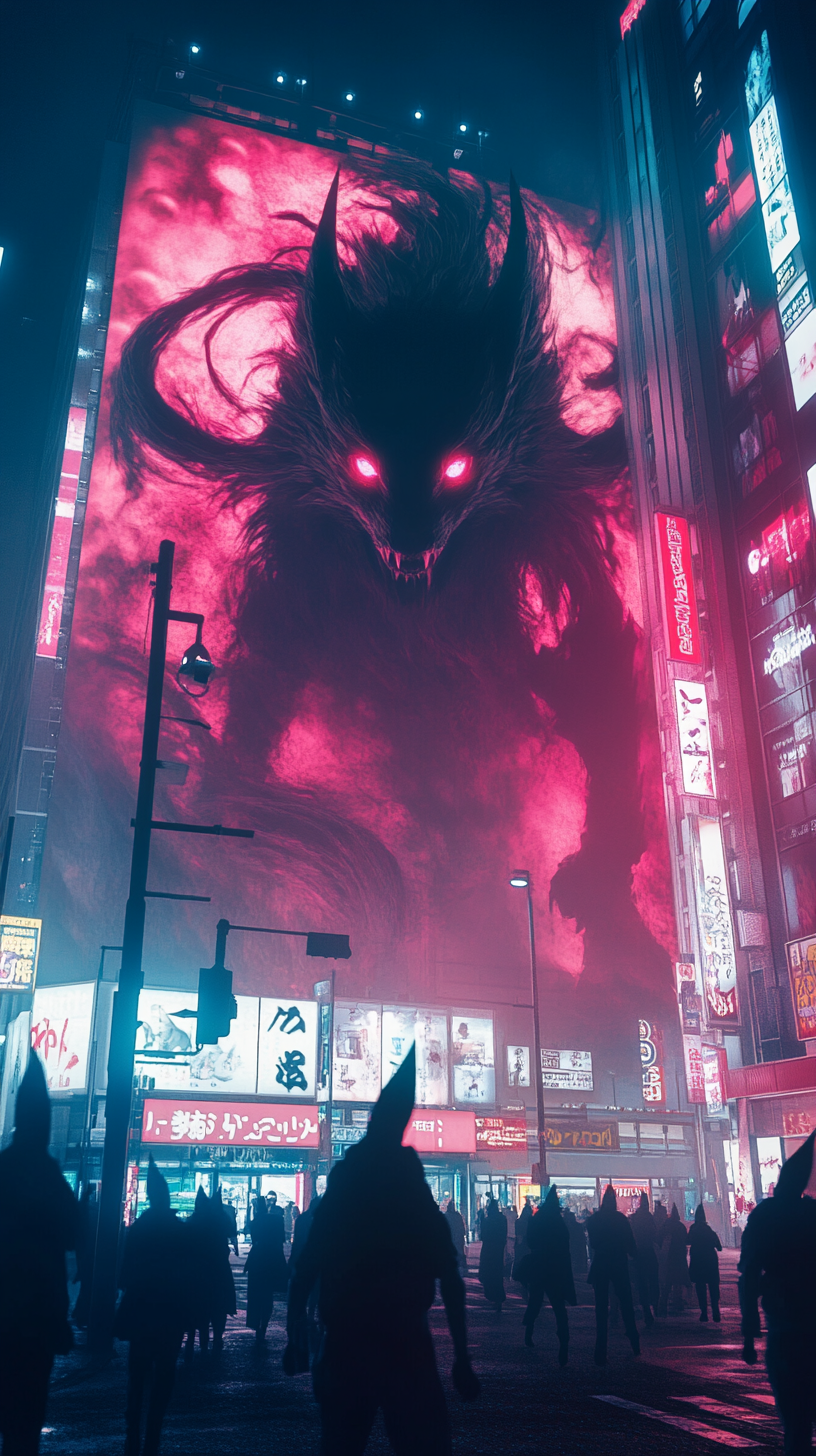 Giant Kitsune casts shadow over empty Shibuya intersection.