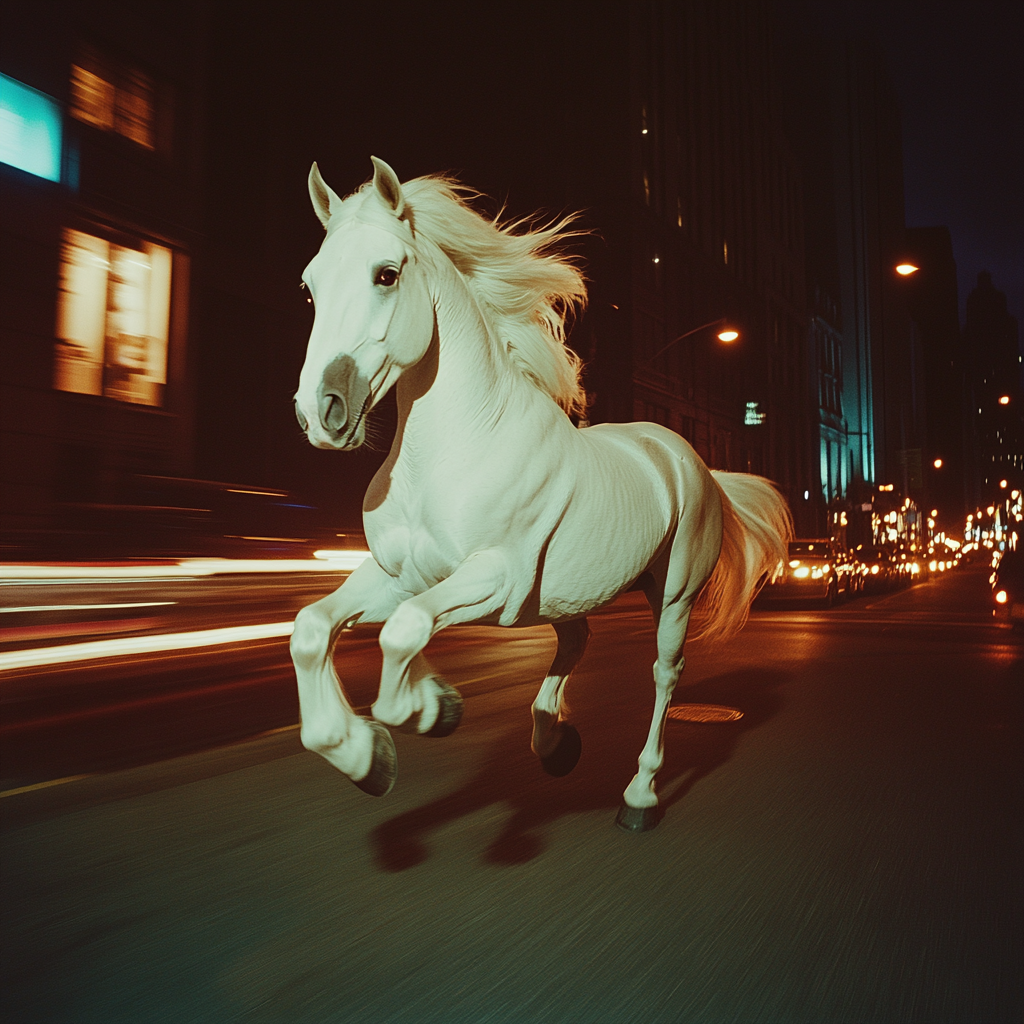 Giant White Pony Galloping in City Night Scene