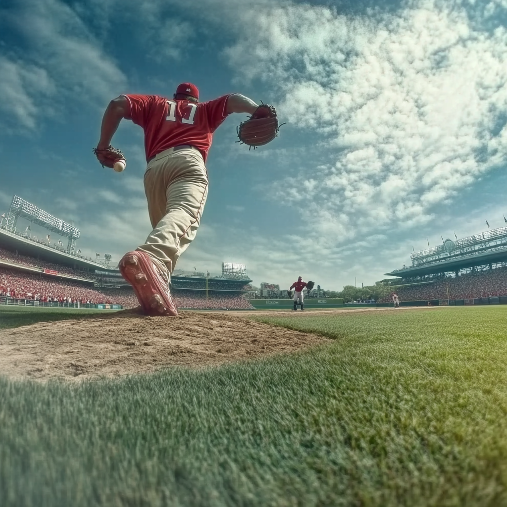 Giant baseball players pitch in oversized stadium