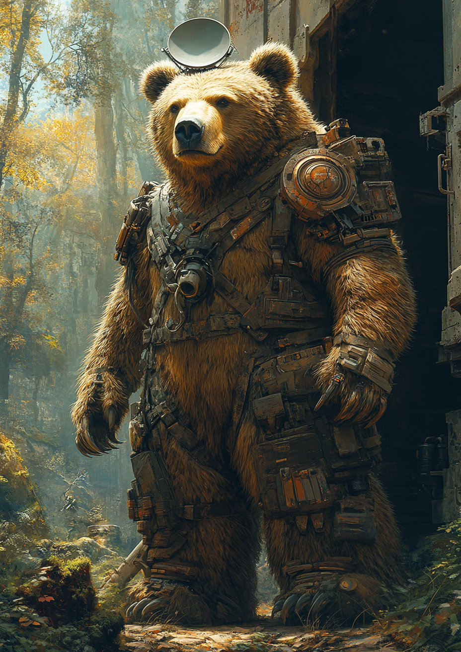 Giant bear in woods with satellite dish on head.