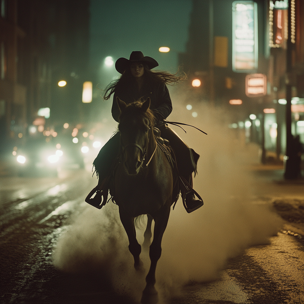 Giant cowgirl on horse in city, fantastical urban night scene