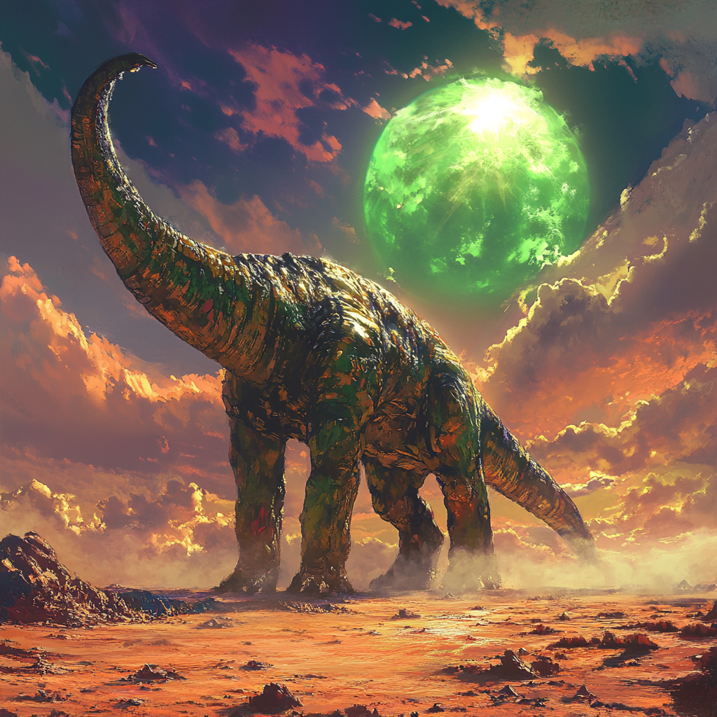 Giant creature on alien planet under green sun.