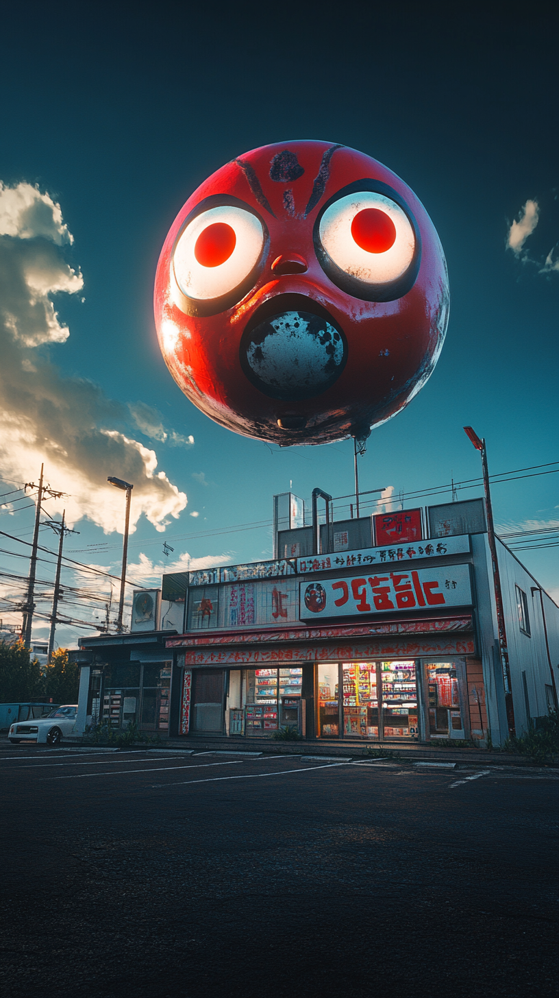 Giant daruma yokai hovers ominously above Japanese store.