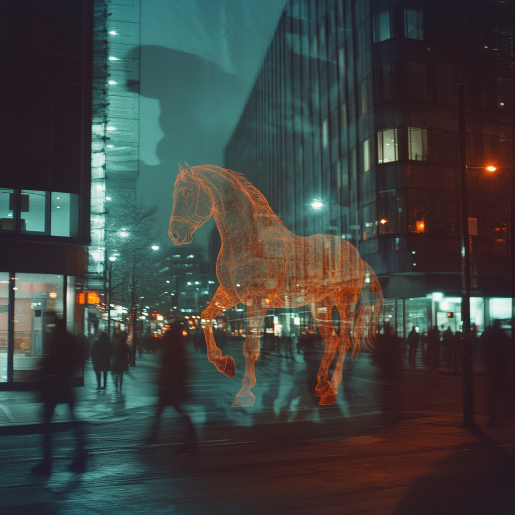 Giant ethereal horse in urban city at night