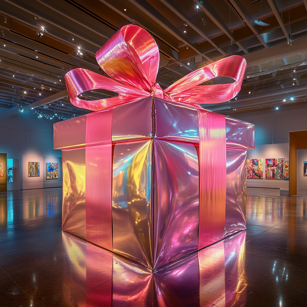 Giant gift box becomes magical art gallery surprise.