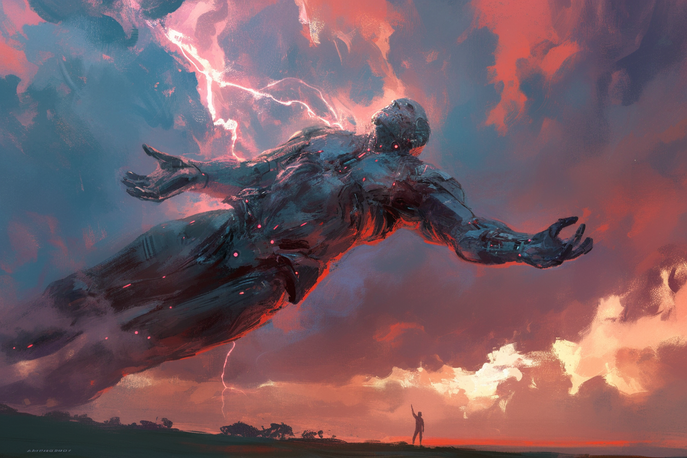 Giant god-like man falling during thunderstorm, hyper realistic art.