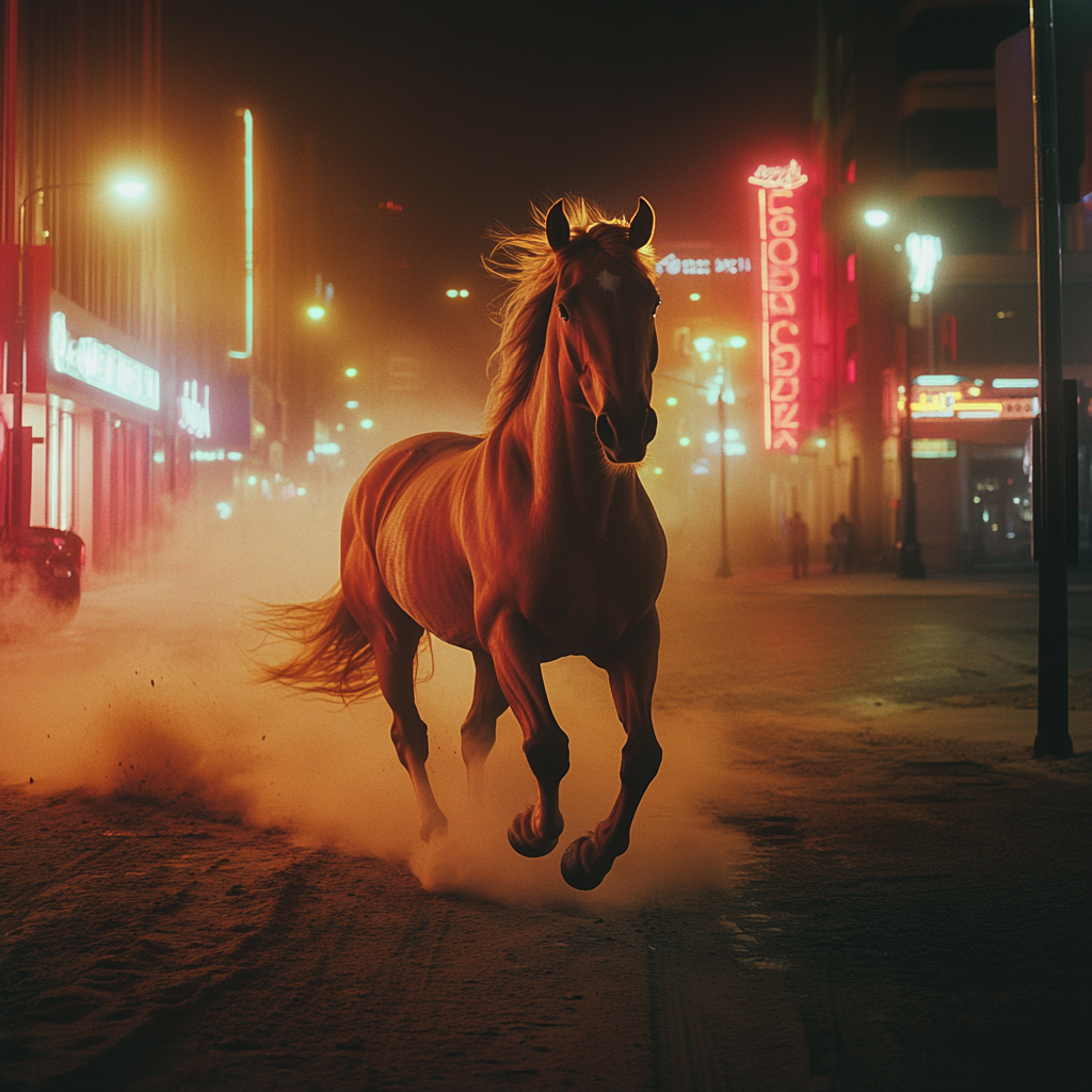 Giant horse galloping in city at night