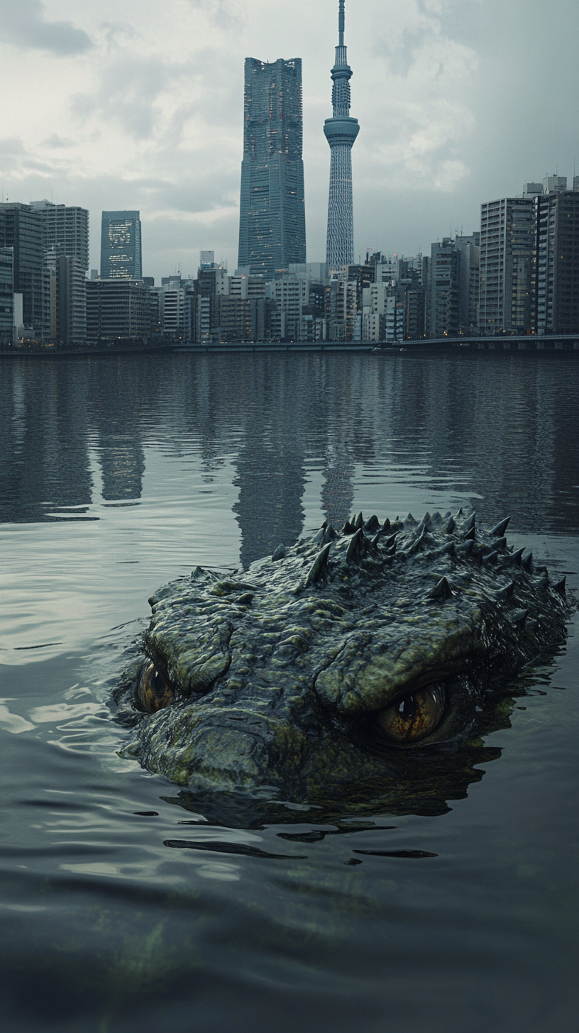 Giant kappa yokai in Tokyo Bay, city skyline.