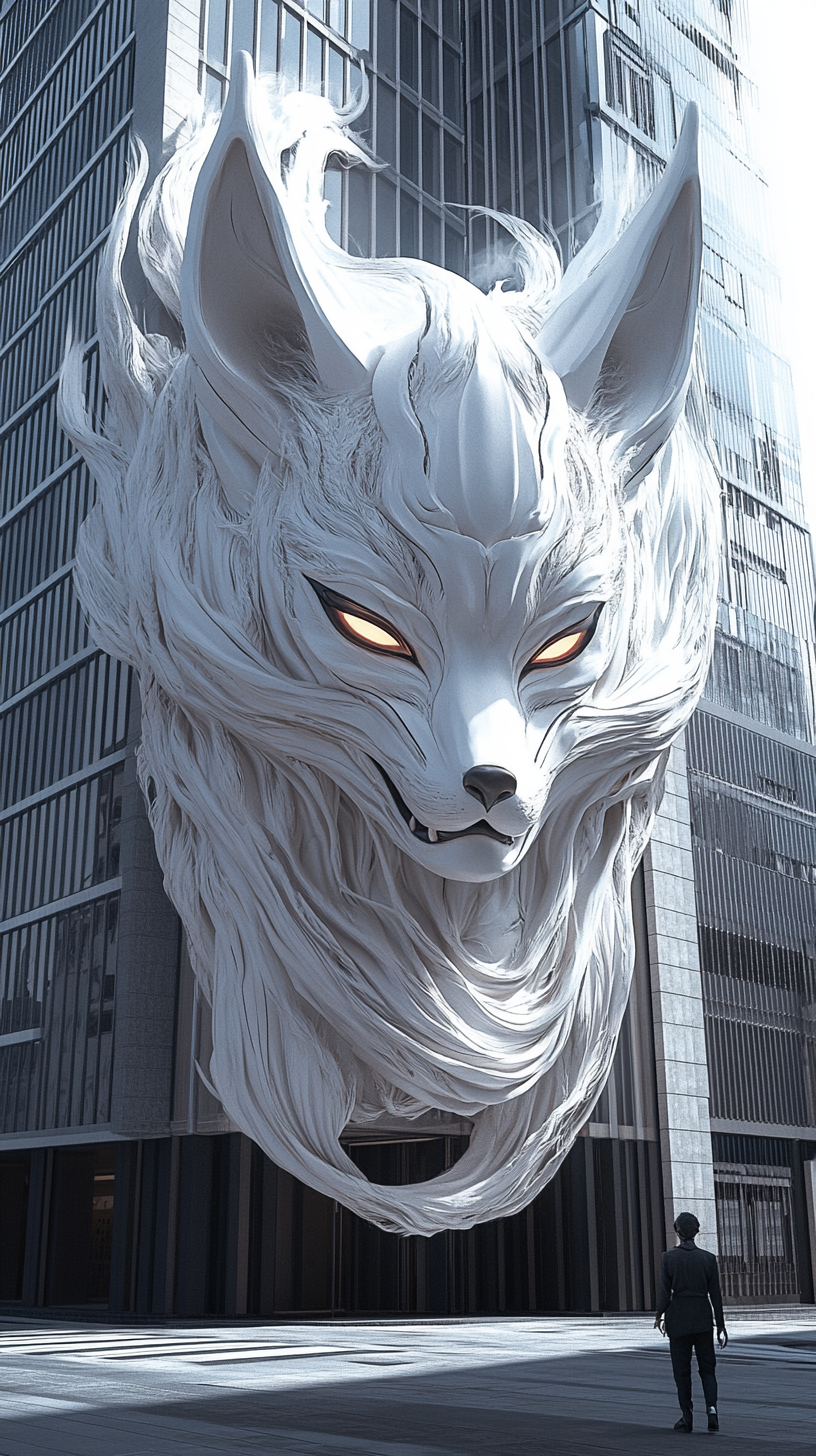 Giant kitsune mask yokai on modern building.