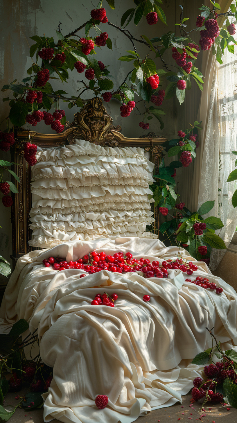 Giant layered cake bed surrounded by cherry trees indoors.