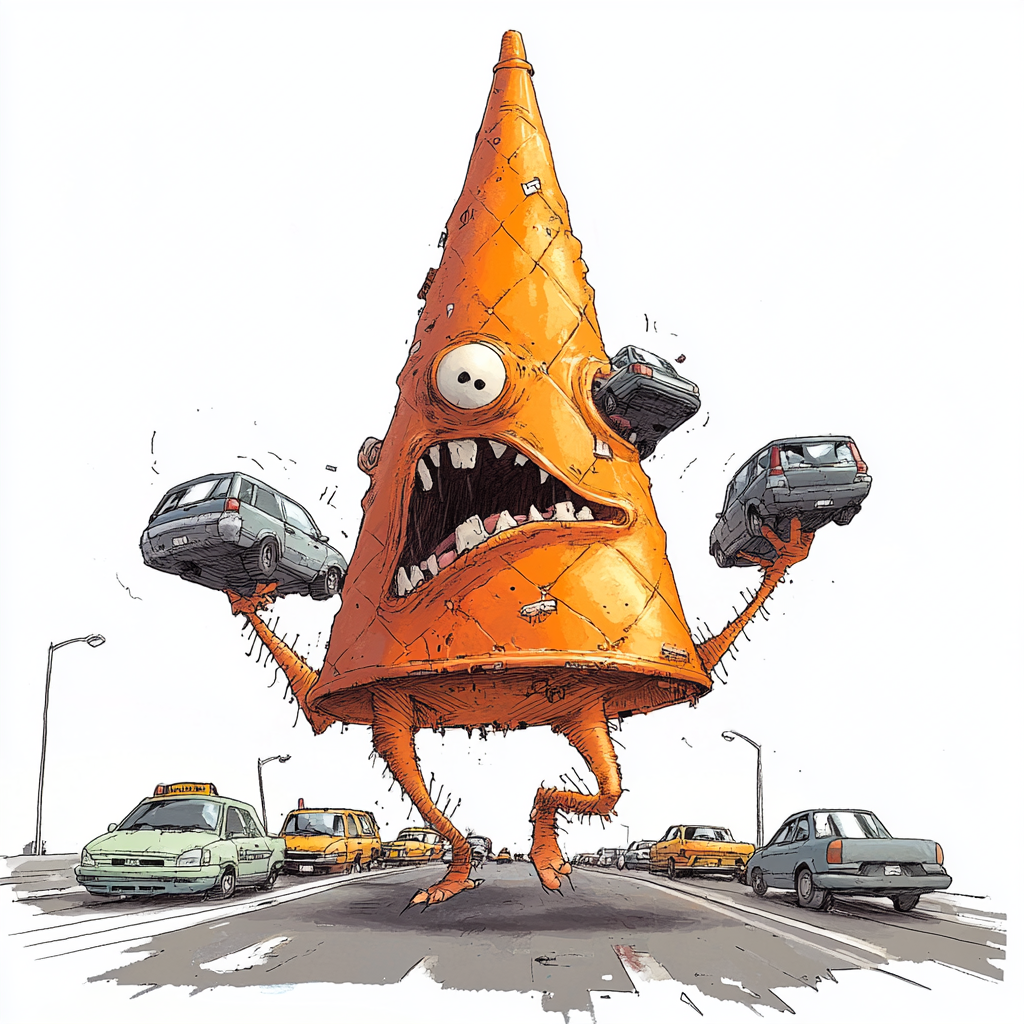 Giant monster traffic cone eats cars on highway