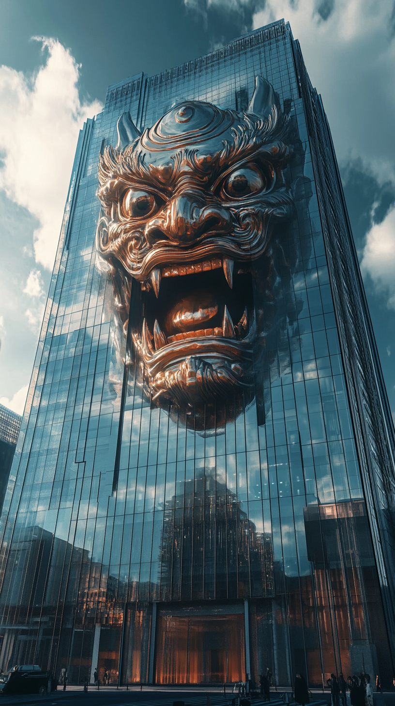 Giant oni mask yokai blends with Tokyo skyscraper.