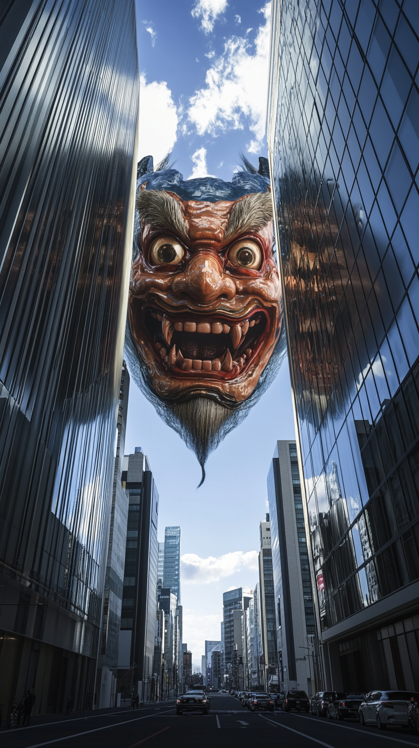 Giant oni mask yokai suspended in air Tokyo.