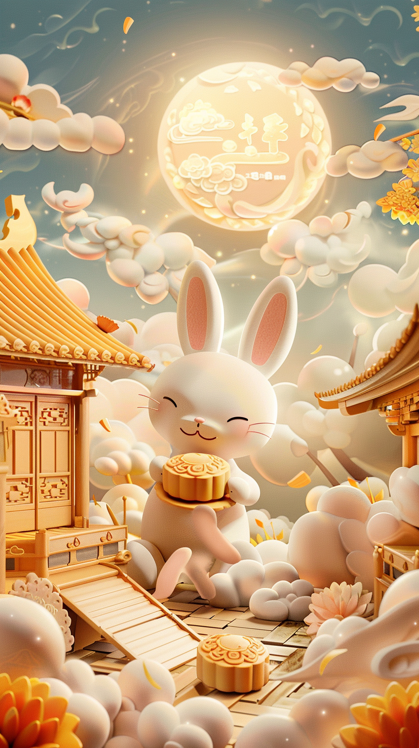 Giant rabbit holds mooncake in lovely Chinese shop.