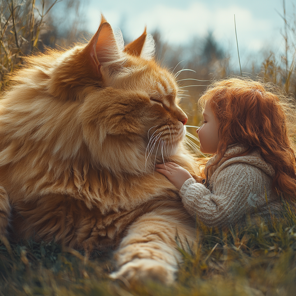 Giant red cat lies on grass, child strokes it.