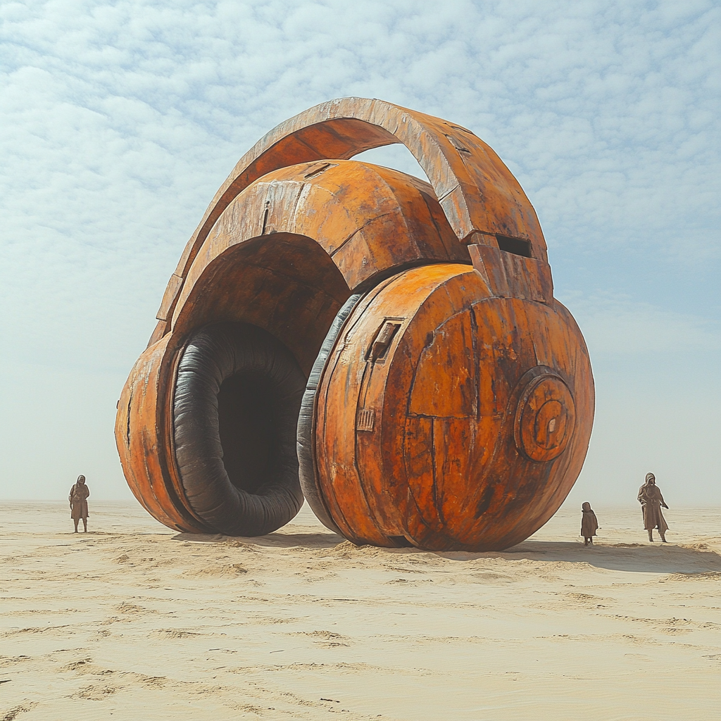 Giant rusty headphones in sand with small Jawas nearby.