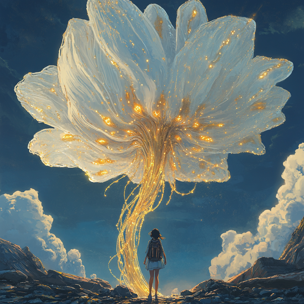 Giant shimmering ocean-like flower with golden pearls, girl looking up.