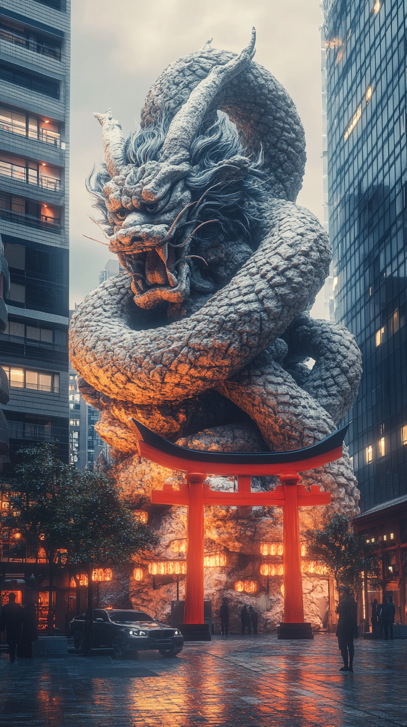 Giant stone Kitsune statue amidst modern buildings.