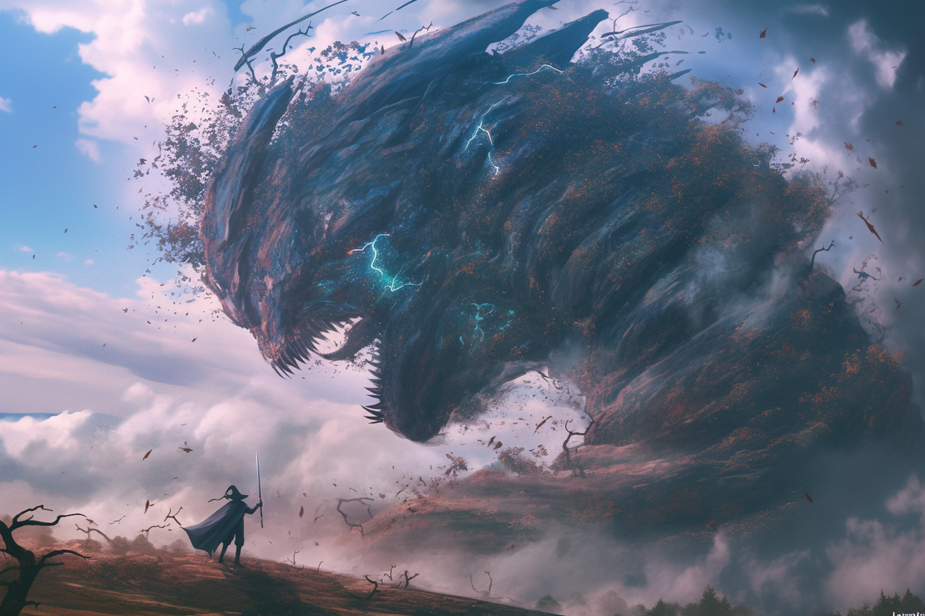 Giant tornado battles wind monster in detailed artwork styles.