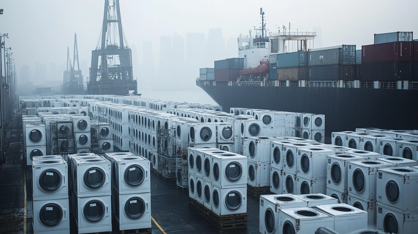 Giant washing machines stacked, ship at foggy dock.