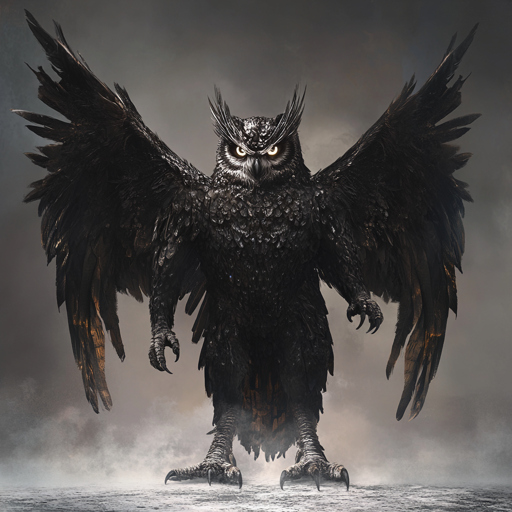 Giant winged creature with black feathery skin, glowing eyes.