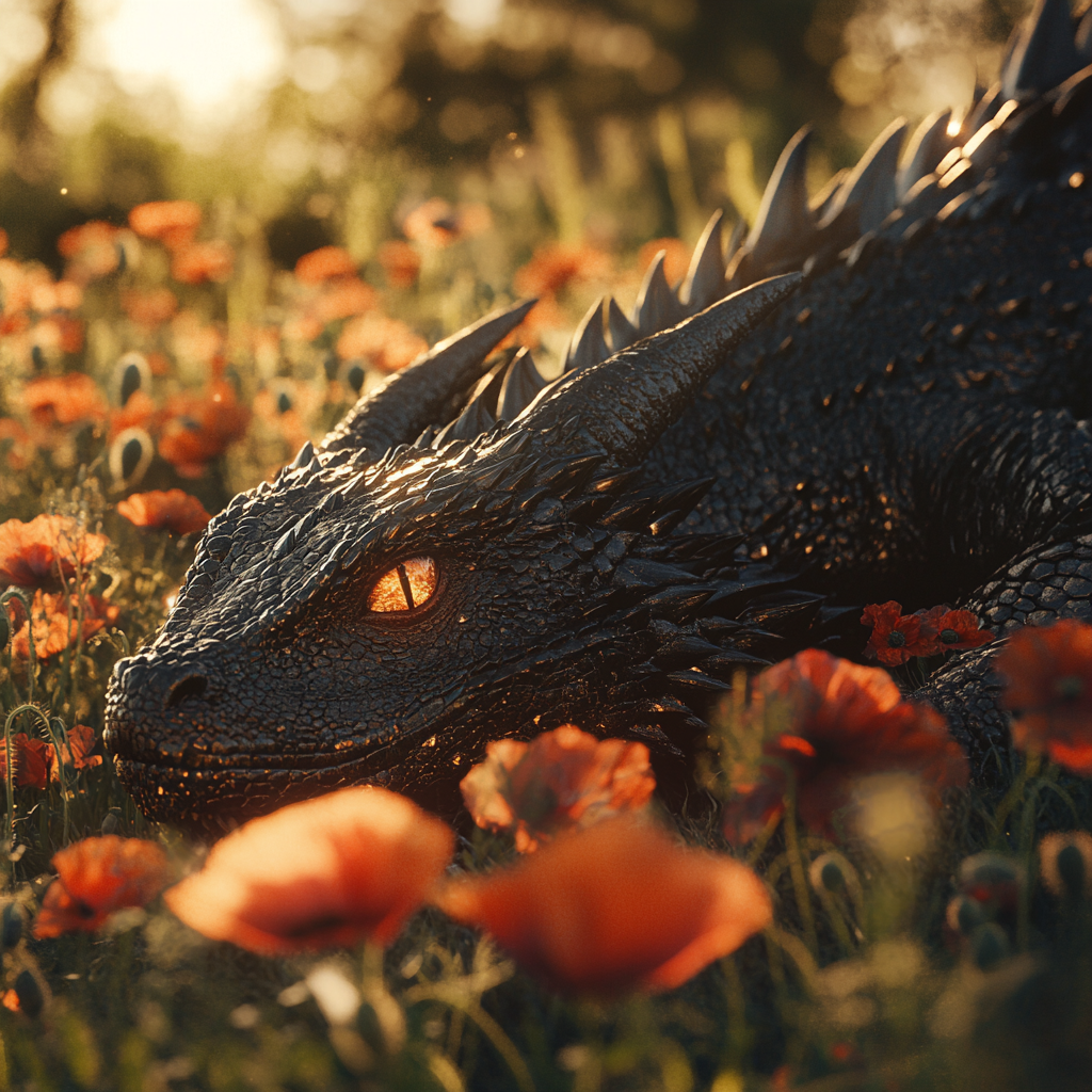 Gigantic black dragon asleep in meadow with flowers.