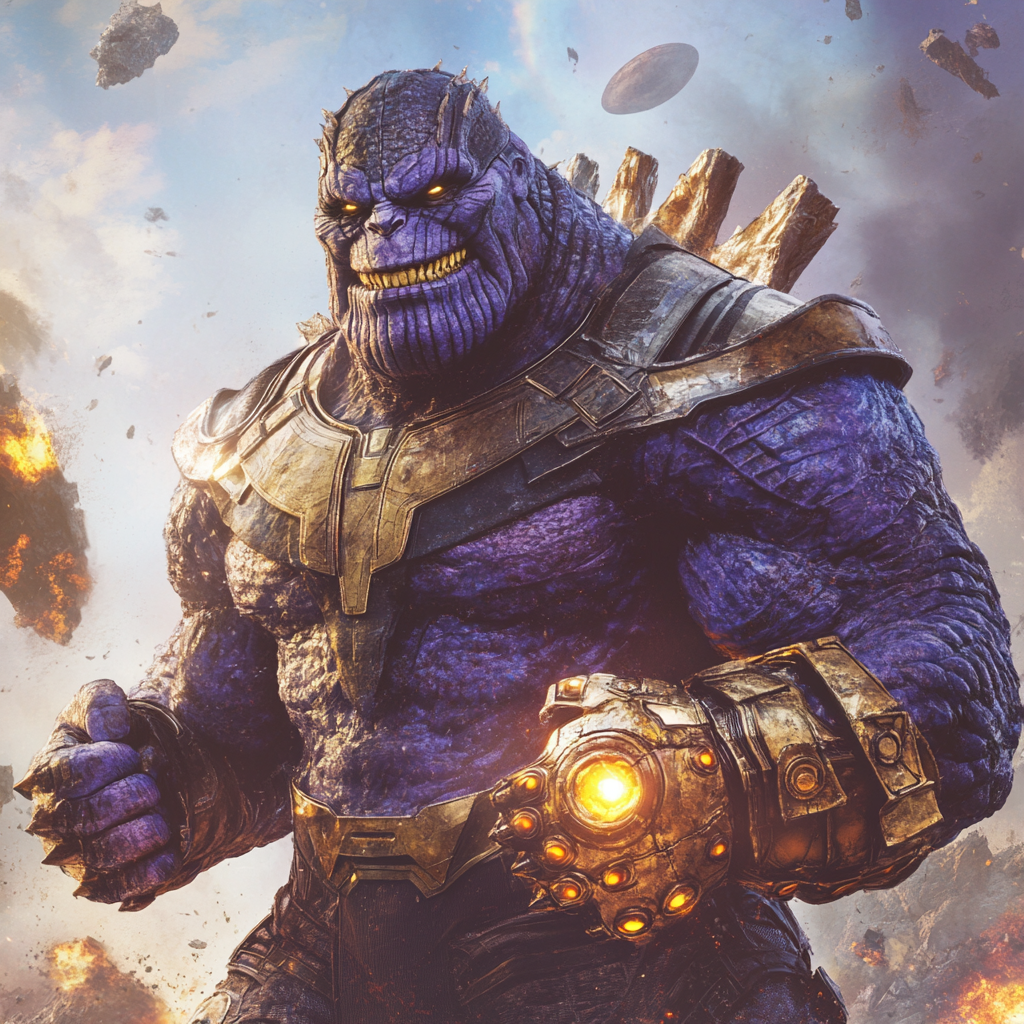 Gigantic fusion creature of Thanos and Godzilla with Infinity Gauntlet.