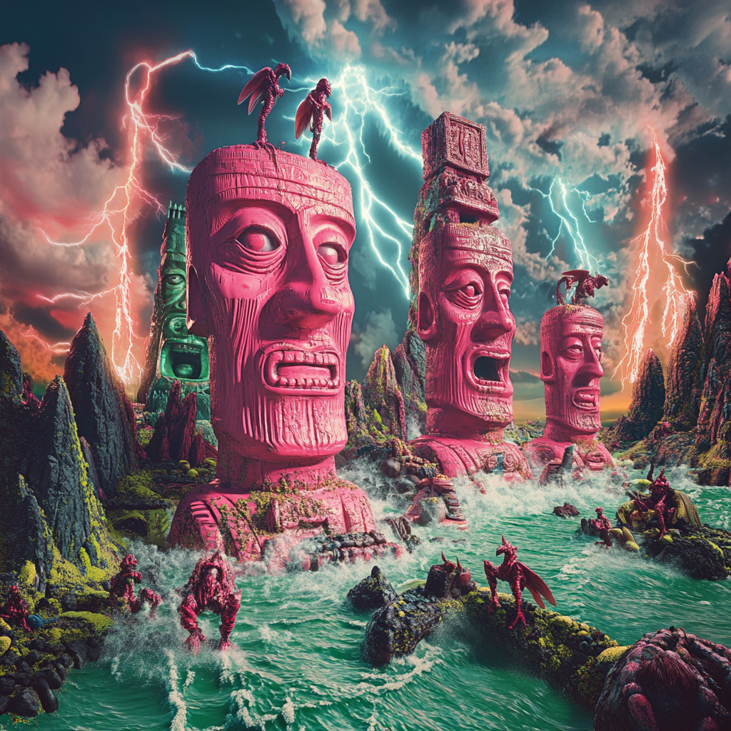 Gigantic pink Moai heads on surreal world landscape.