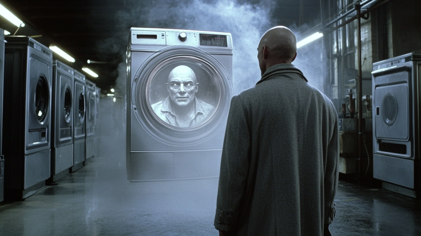 Gigantic washing machine with ghostly 1950s man's face