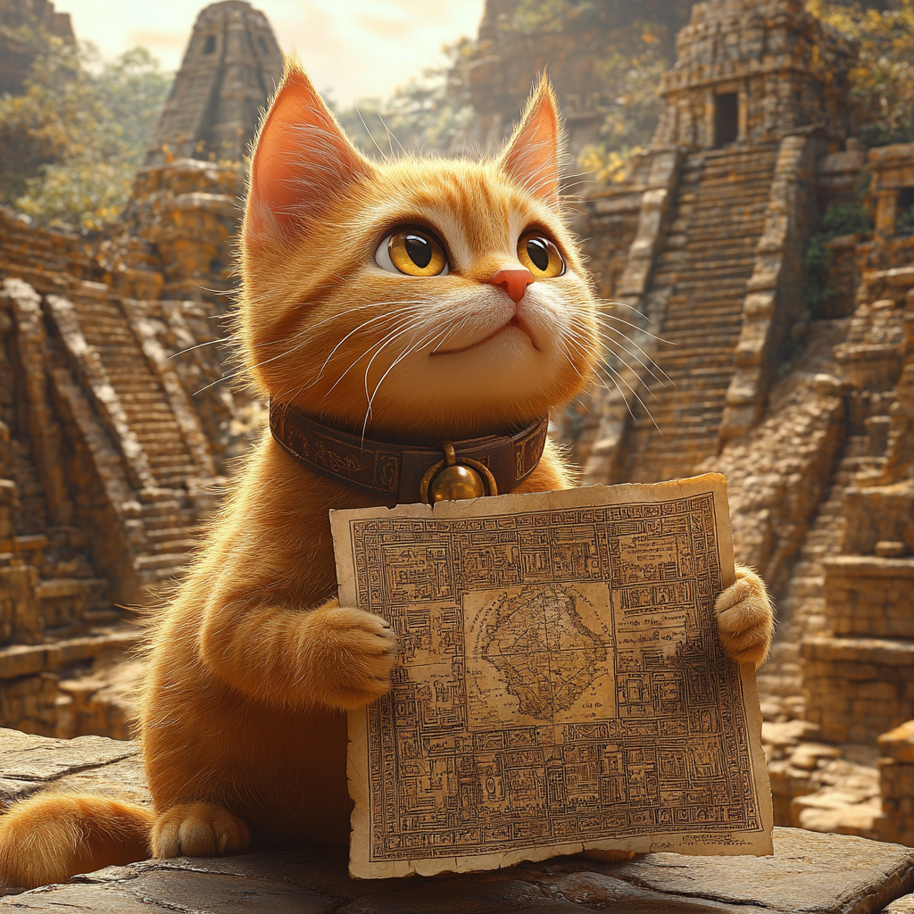 Ginger Cat in Mayan Civilization with Antique Map, 3D Cartoon