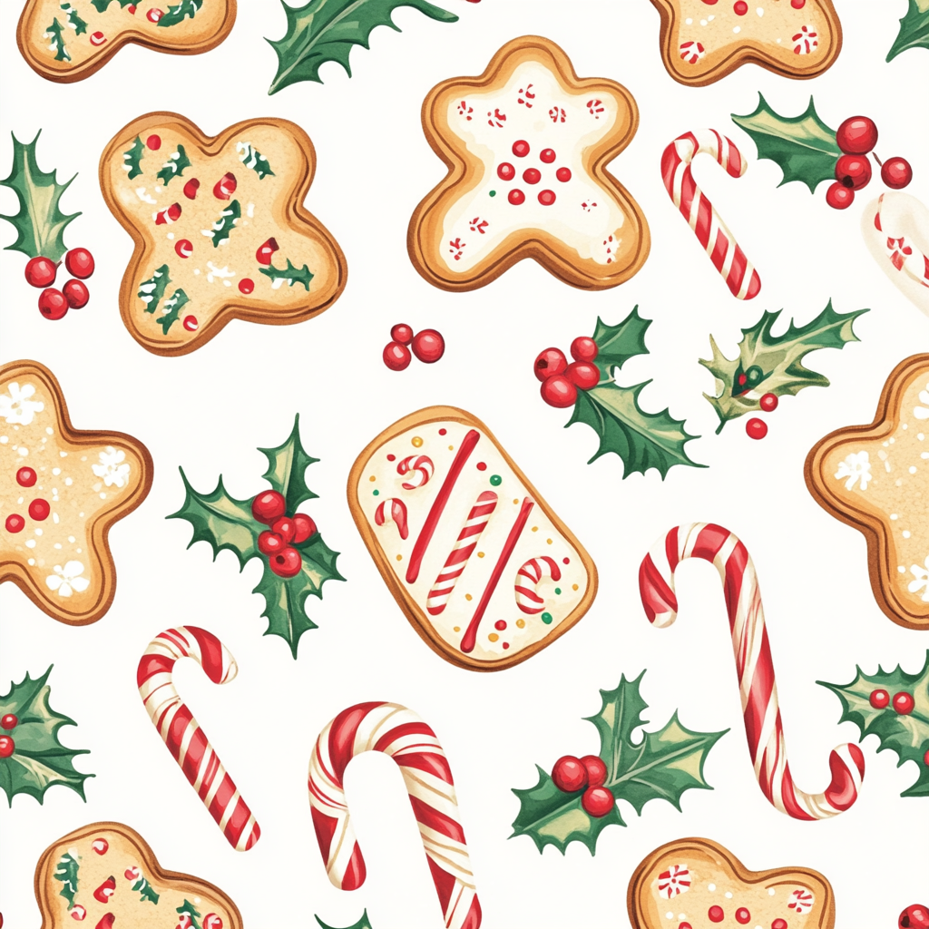 Gingerbread cookies, candy canes, holly leaves pattern.