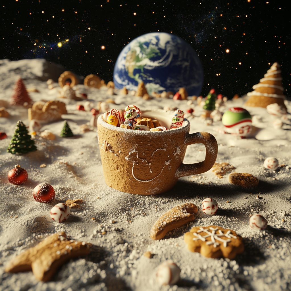 Gingerbread cup on moon with Christmas sweets glow.